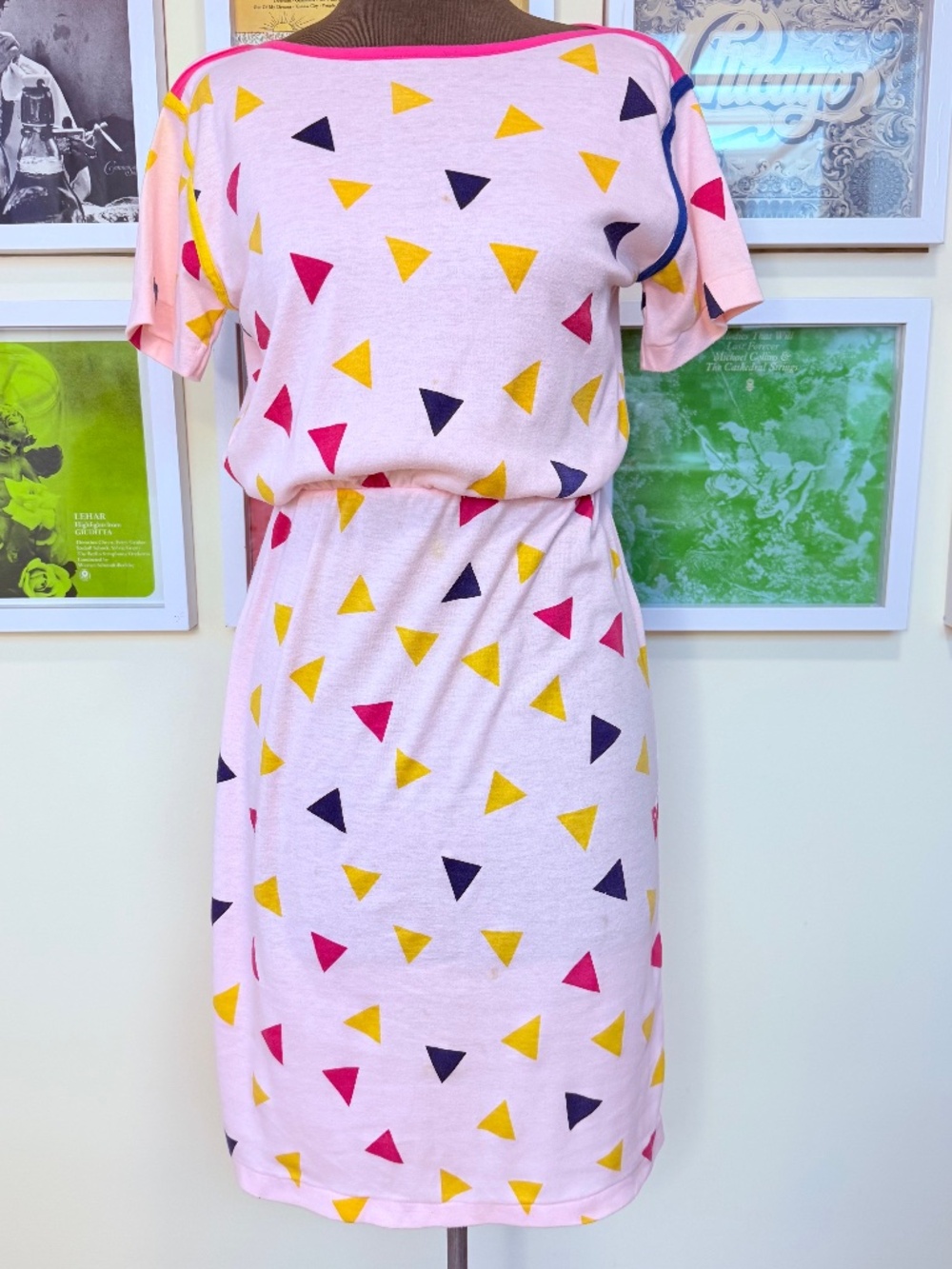 Vintage 80s Pastel Geometric Print Midi Dress